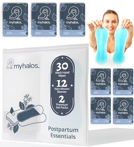 MyHalos 44pcs Perineal Ice Packs and 30 Witch Hazel Wipes for Postpartum & Hemorrhoids - Soothing Cold Pads for Maternity and After Birth