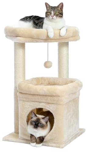 PAWZ Road Kleiner Katzenbaum, mehrstöckiger Katzenturm mit Sisal-überzogenem Kratzbaum, gemütlicher Katzenwohnung und großer Katzensitzstange für Hauskatzen, Beige