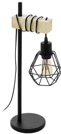 EGLO Tischleuchte Townshend 5, Vintage Tischlampe im Industrial Design, Retro Lampe, Nachttischlampe aus Stahl, Holz, Farbe Schwarz, braun, FSC zertifiziert, Fassung E27, inkl. Schalter