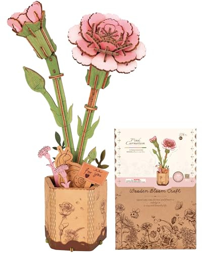 ROBOTIME Puzzle in legno 3D, kit di modelli di fiori artificiali per adulti, decorazione creativa per la casa, accessori per soggiorno, regali per donne a San Valentino (Garofano Rosa)