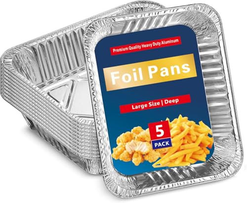 5 Pack Large Aluminium Foil Trays, Deep Tin Foil Food Take Away Container, Food Take Out Box for Roasting, Storage, Baking, BBQ, Cooking,Meal Prep Tray-(32x26x7cm, 3500ml)
