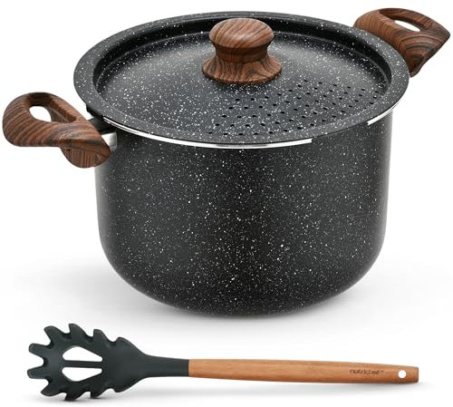 NutriChef Pentola Pasta 4,7 Litri, Pentola con Scolapasta Incorporato e Forchettone, Pentola Antiaderente, Manici Resistenti al Calore, Facile da Pulire, Nero Marmo
