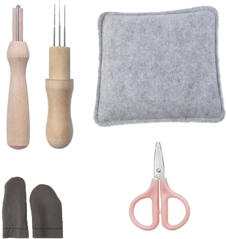 JISRKP 5Piece Felting Kit, 5.9 x 4.92in Needle Felting Pad, Natural Wool Needled Pad, with 2 Felt Needle, A Pair Finger Cots, Scissors, Starter Kit Needle Tools and Supplies