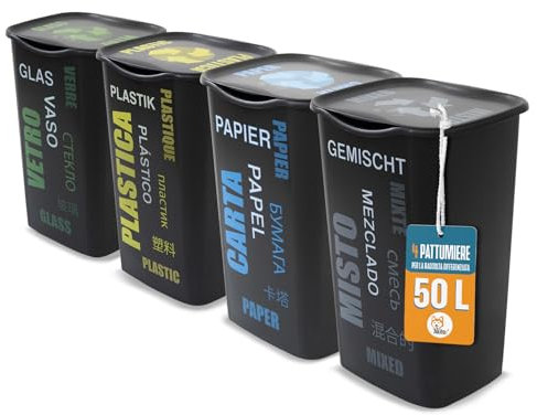 AKITAInk Set 4 Pattumiere Raccolta Differenziata con Coperchio - 50 Litri - AKIPOKERDESIGN con Scritte Carta, Plastica, Vetro, Misto | Design Funzionale e Capiente