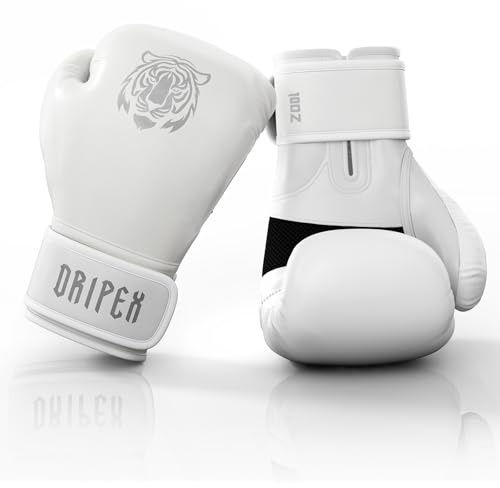 Dripex Guantes de Boxeo 10 oz, Guantes de Cuero para Entrenamiento de Boxeo, Guantes de Muay Thai Kickboxing MMA, Boxing Gloves para Hombres Mujeres Adultos y Jóvenes, Tigre Blanco