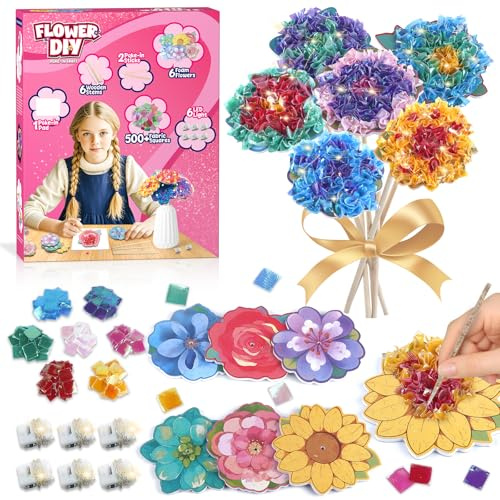 Bastelset Kinder 4 5 6Jahre – Bastelset Spielspielzeug für Mädchen 7 8 9 10 Poke Art Blumenstrauß mit LED-Lichterkette, Kreativset für Mädchen | Bastelspielzeug, DIY Geschenk zum Kindergeburtstag