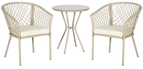 Outsunny Set da Giardino 3 Pezzi in Rattan PE e Acciaio, Set 2 Sedie con Cuscini e Tavolino da Caffè con Piano in Vetro, Set di Mobili da Balcone, per Patio e Cortile, Beige e Khaki