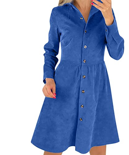 Robe élégante pour femme - Manches longues - Simple boutonnage - Robe chemise solide en velours côtelé - Manches longues - Jupe chaude - Robe courte noire sexy
