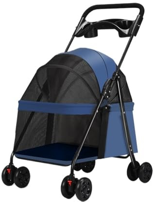 Cochecito y carrito ligero 2 en 1 para mascotas para perros y gatos, plegable, para viajes al aire libre, azul oscuro, fácil de maniobrar, diseño compacto, ideal para parques y paseos