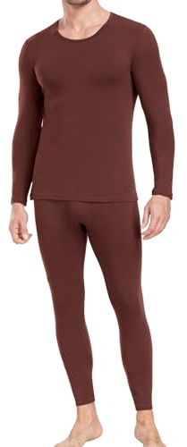 wirarpa Set di Intimo Termico Uomo Cotone - Maglia a Maniche Lunghe Leggera e Pantaloni da Pigiama, Marrone Cioccolato, Taglia S