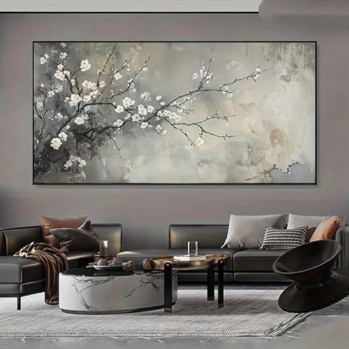 Canvastavlor Målning Visuell Effekt Modern Tryck Väggkonst Vintage Vit Blommig Gren För Vardagsrum Poster Dekor (80X160cm)