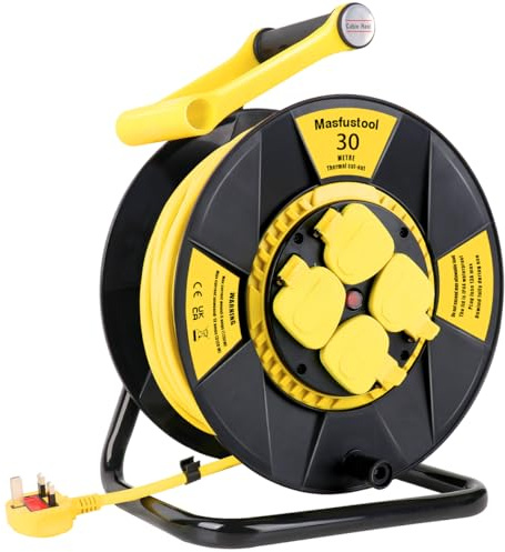 Masfustool 30M Extension Outdoor or Indoor Lead IP44 Rated, 4 Socket Extension Reel, Heavy Duty Extension Cable, Thermal Cut Out, UK Outdoor Plug, Dust-Proof Extension Lead for Garden, Garage,Camping