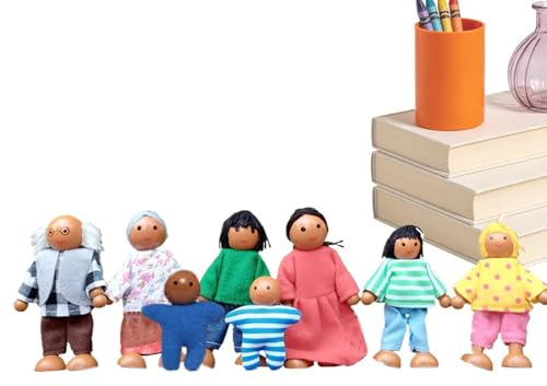 8- dockhusfigurset av trä – rörliga mänskliga figurer för dockhuset | 8-hövdad dockfamilj för rollspel | pedagogiska träleksaker för dagis, skola och |