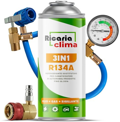 Ricaria Clima 3-en-1 – Gaz Réfrigérant R134a De Substitution pour Climatisation Auto avec Stop-Fuite Et Huile – Lot 1x235 g Bouteille – Camping-Car – Tuyau + Adaptateur HP/LP – ECO