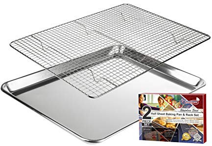 KITCHENATICS Set Teglia in Alluminio Da Mezzoe Griglia di Raffreddamento Acciaio Inossidabile: Vassoio da Forno per Cuocere e Arrostire+Griglia per Raffreddare gli Alimenti- Dimensioni 33,3 x 45,5 CM