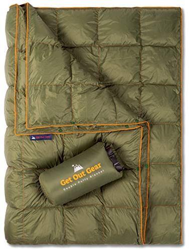 Get Out Gear dubbel puffig campingfilt – extra puffig, packbar, lätt och varm | perfekt för utomhus, resor, arena, festivaler, strand, hängmatta | vattentåligt campingtäcke