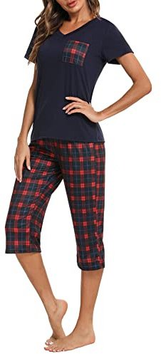 iClosam Pigiama Donna Estivo Cotone a Quadri Pigiama Donna Corto in 2 Pezzi con Pantaloni Corti e Maglietta Scollo V Pigiami Due Pezzi da Donna Comodo e Traspirante S-XXL