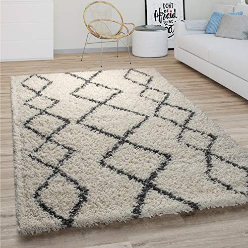 Paco Home Hochflor Teppich Wohnzimmer Schlafzimmer Boho Skandinavisch Shaggy Modern Rautenmuster, Grösse:160 cm Rund, Farbe:Creme