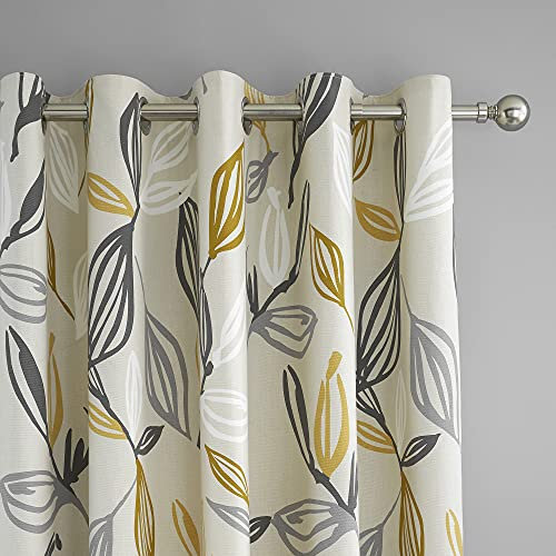 Fusion Grey & Ochre Leaf Print Eyelet Curtains W90 x L72 (229x183cm) – 2 Panels – Soft Cotton Drapes – Botanical Window Dressing for Bedroom – Thermal & Soundproof – Matching Home Accessories