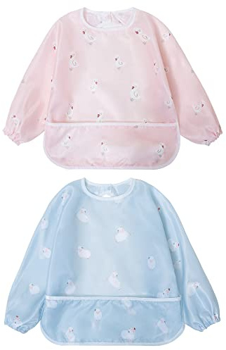 Little Dimsum Long Sleeves Toddler Weaning Bibs |Sleeved Baby Waterproof Feeding Coverall Set | Catching Food & Wipe Clean 6-36 Months(Duck&Sheep)