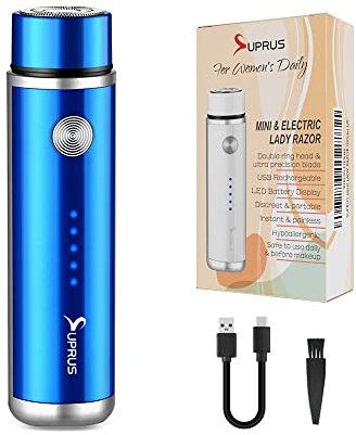 SUPRUS Frauen USB wiederaufladbarer Elektrorasierer für Gesicht Bart Schnurrbart Arm Bein Achselhöhle Bikini LED Batterieanzeige Kabellos (Blau)