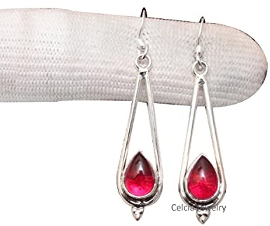 Boucles d'oreilles pendantes en argent sterling 925 massif pour femmes, véritables boucles d'oreilles de créateur artisanales uniques en pierre précieuse de poire d'onyx rouge pour elle