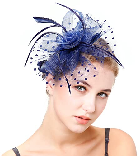 Chapeau Fascinator Femme Plumage Bandeau Fascinator Fleur Maille Dentelle Clip Chapeau Plume Accessoire Cheveux Couvre-Chef pour Fête Église Mariage Cocktail Jockey Club Fascinator Bleu Marine