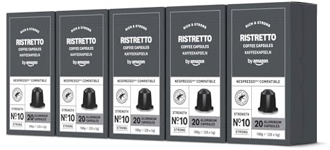 by Amazon - Cápsulas de café Ristretto, tueste medio, compatibles con Nespresso, 100 unidades, 5 paquetes de 20, certificado Rainforest Alliance