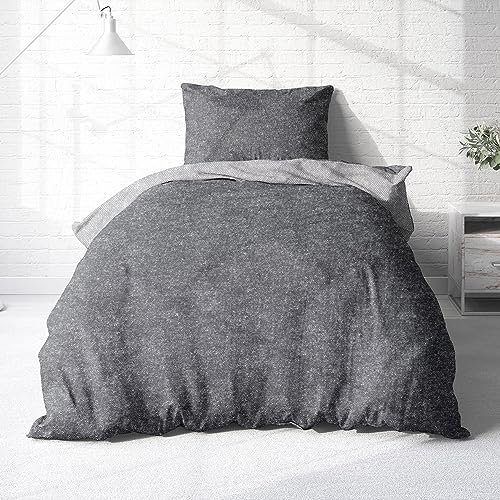 Träumschön Biber Bettwäsche Set 2tlg 155x220 cm + 80x80 cm – Flauschige Wende-Bettwäsche Grau – Weiche Winterbettwäsche - Atmungsaktiv, Warm & Hautfreundlich - 100% Baumwolle