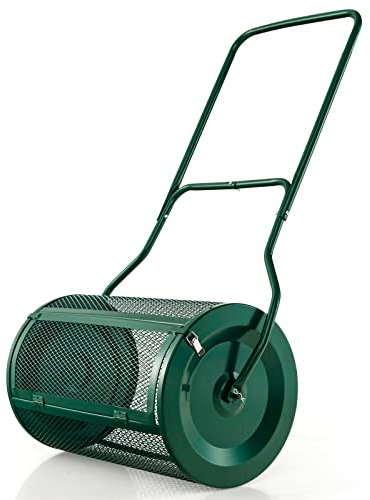 COSTWAY Esparcidor de Compost de 60,5 cm, Esparcidor de Turba con Mango en Forma de U Mejorado, Cierres Laterales, Rodillo de Malla de Metal Resistente para Fertilización y Siembra (Verde)