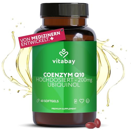 Vitabay Coenzym Q10 Ubiquinol 200mg Kapseln Hochdosiert - 60 Kapseln Ubiquinol Laborgeprüft & ohne unerwünschte Zusatzstoffe - Natürliches Q10