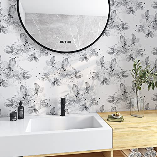 ReWallpaper 44.5CM x 7M Black and Grey Wallpaper for Living Room Self Adhesive Vinyl Roll Patterned Vintage Wallpaper Flower Stick on Wallpapers Grey Waterproof Bathroom Wall Paper Matt