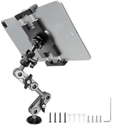 Porfortop Aluminum Heavy Duty Drill Base Tablet Holder Car Mount Dashboard, 14.2“ Long 360°3-Stage Metal Stand Bracket for 4.7-12.9 iPad Pro/Air/Mini/Galaxy Tab, for Car Auto Truck Wall Desk