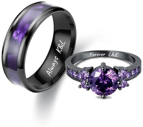 Custom Engraved Couple Rings Set Promise Rings for Him and Her Purple Matching Wedding Rings for Couples Black and Blue Titanium Rings for Men Wedding Band CZ Engagement Ring for Women (Black+Purple)