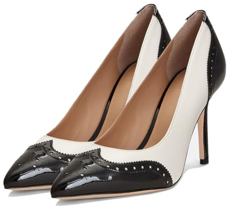 SHODENSE Women Pointed Toe Stiletto Heel Pumps Oxford Slip On High Heels Two Tone Perforated 4 inch Stiletto High Heels Pointy Closed Toe Dress Heels Wingtips Retro White Black 8 M US