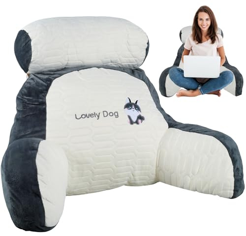Reading Pillow for Bed Adult 70×50×25CM 2 In 1 Large Backrest Cushion Detachable Cuddle Cushion for Bed, Back Support Cushions with Arms Gaming Pillow Reading Back Support Pillow(Latex(L), Dark Husky)