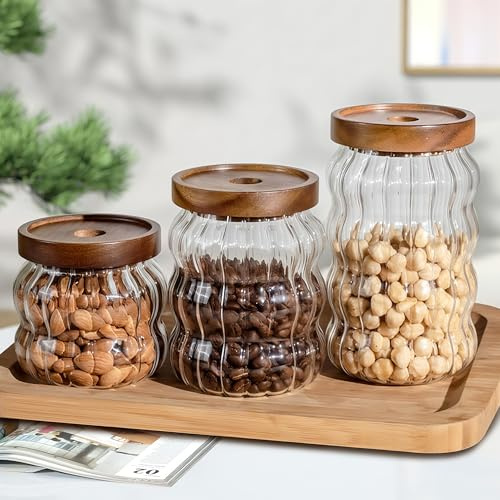 Glasförrådslådor med trälock, lufttät glasburk, köksförvaringsbehållare med akaciaträlock, set med 3 sockerburkar för godis, flingor, snacks, te, ris, kaffebönor