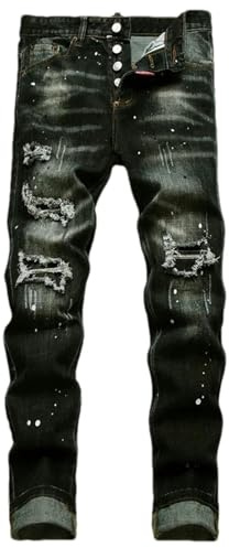 ZMIN Jeans strappate da uomo, vestibilità slim, piccola gamba, pantaloni blu, jeans maschili stretch a tubo, 34