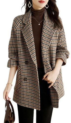 utcoco Womens Notched Lapel Pea Coat Double Breasted Blazer Jackets Houndstooth Woolen Blend Overcoat with Pockets, Coffee, XL