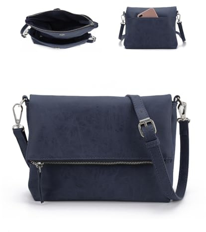 Gladdon Sac à bandoulière pour femme, sac à bandoulière pour femme avec 3 compartiments, pliable avec plusieurs poches, pochette zippée, sac à bandoulière, sac à main en cuir, h-marin, S