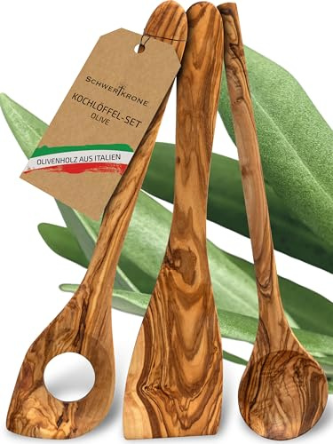 SCHWERTKRONE® Juego de 3 cucharas de madera de olivo italiana, utensilios de cocina de madera, incluye cuchara redonda, espátula y cuchara para espaguetis con agujero, duraderas y elegantes