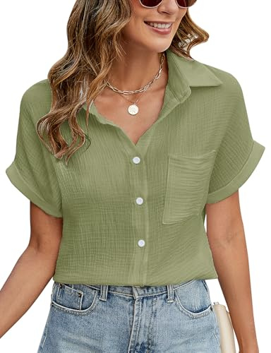 PASUDA Blusas Mujer Verano Elegante Camisa Manga Corta Algodón Camiseta con Botones Cuello en V Casual Blusa Mujer Shirts Top