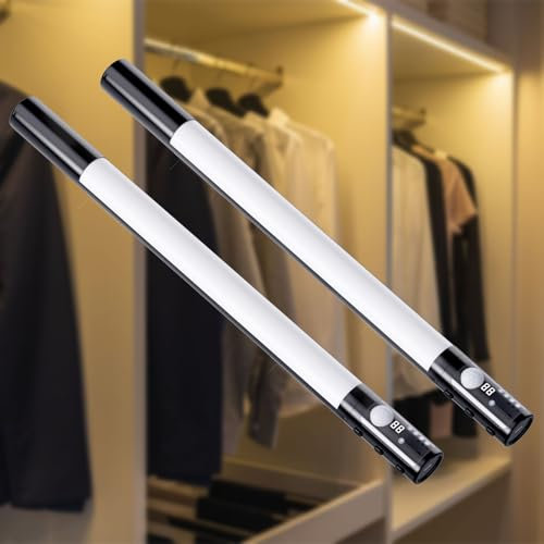 Quntis Lot de 2 Reglette LED Cuisine sous Meuble Detecteur de Mouvement, Lumière sans Fil 3 Couleurs Réglable 3 Modes, Veilleuse Double Aimantée Bande Rechargeable 38CM Lampe pour Placard Bureau