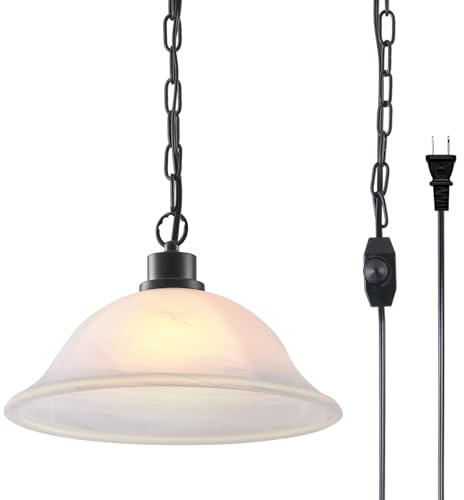 ANYLOVE Vintage Frosted Alabaster Plug in Pendant Light,12 Glass Shade,Black Chain,Adjustable Pendant Light,No Light Source,for Kitchen,Bedroom,Living Room