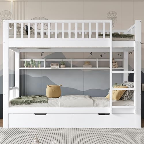 Trdlpyn Lettino a castello con ripiani e cassetti, letto a soppalco per 2 bambini, letto matrimoniale in legno con rete a doghe e protezione dalle cadute, telaio in legno di pino 90 x 200 cm