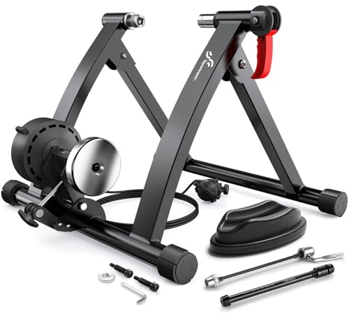 Sportneer Bike Trainer: Adjustable 6 Level Resistance Magnetic Stationary Bike Stand for 26-28 & 700C Wheels, Thru Axle Adapter, Quick Release Lever & Front Wheel Riser Block Included