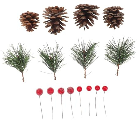 Healifty Coni di Pino Decorativi Rametti di Pino Artificiali Steli di Bacche Rosse Finte Set di Coni per Composizioni di Natale Ghirlande Fai da Te e Centrotavole Festivi