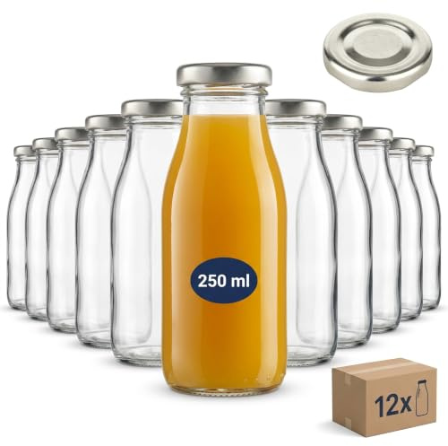 gouveo Set de 12 botellas de vidrio (0,25 l) con tapa Twist-Off TO 43 redondas transparentes para zumo batido sirope aceite y vinagre (SF250S)