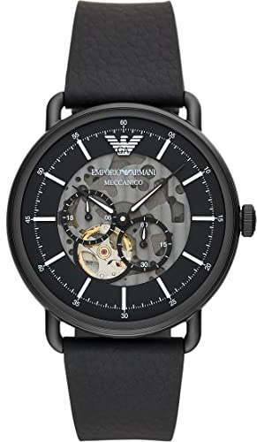 Emporio Armani Herrenuhr, Automatikuhrwerk, 43mm Schwarzes Edelstahlgehäuse mit Lederarmband, AR60028