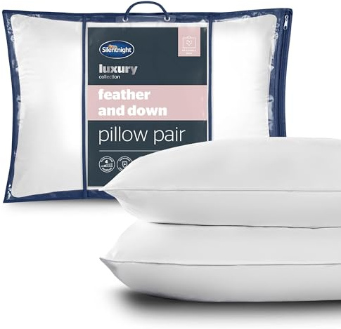 Silentnight Feather and Down Pillows 2 Pack - Luxury Hotel Quality Duck Feather Pillows with Breathable Cotton Cover and Anti-Bacterial - Machine Washable